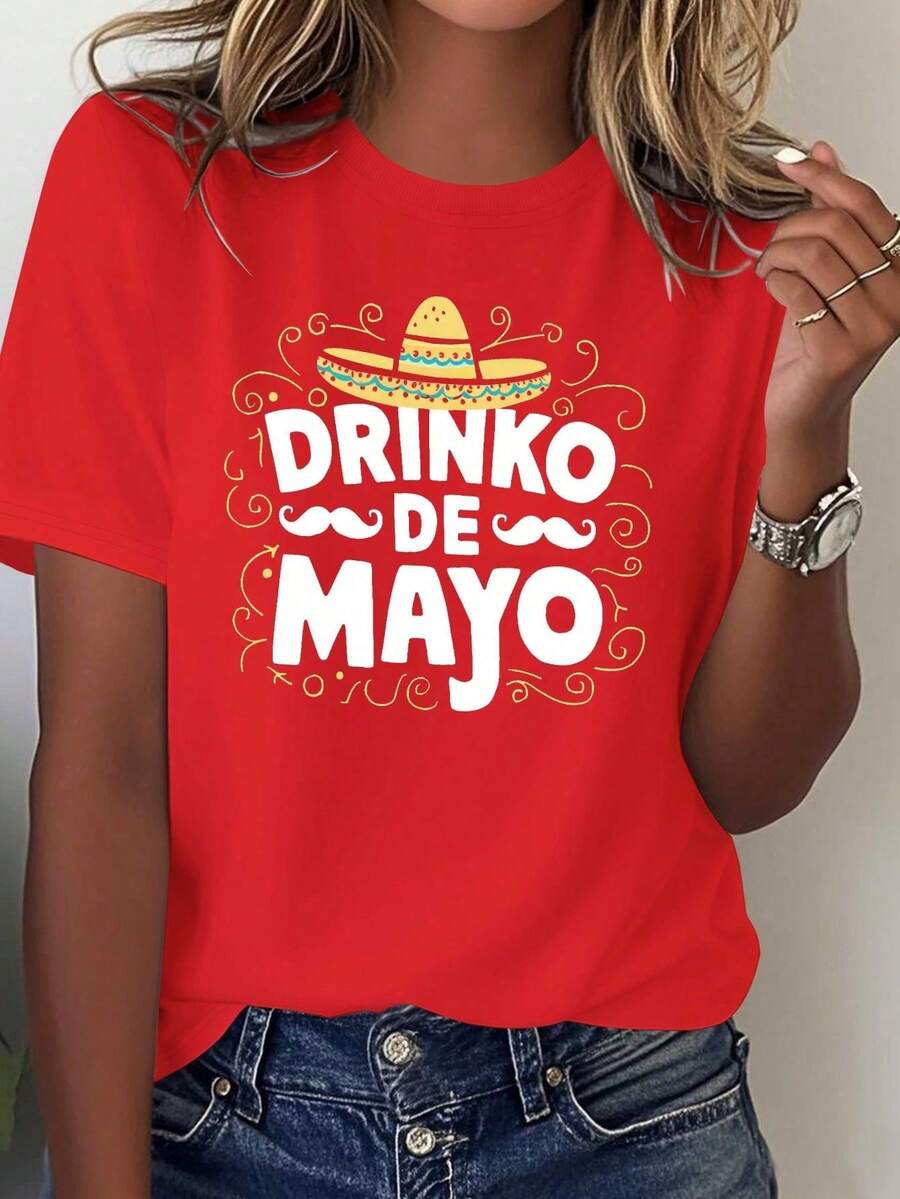 NEW Women's Wide Brim Hat With Mexican Design And Daisy Design Shirt - 100% Comfortable Fit, Summer Y2K Blouse, Graduation Season Beachwear Women's Clothing - 紅色 - 查看 1