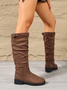 Autumn/Winter New Fashion Classic Round Toe Metal Buckle Chunky Heel High Shaft Slouch Boots - Brown - View 6
