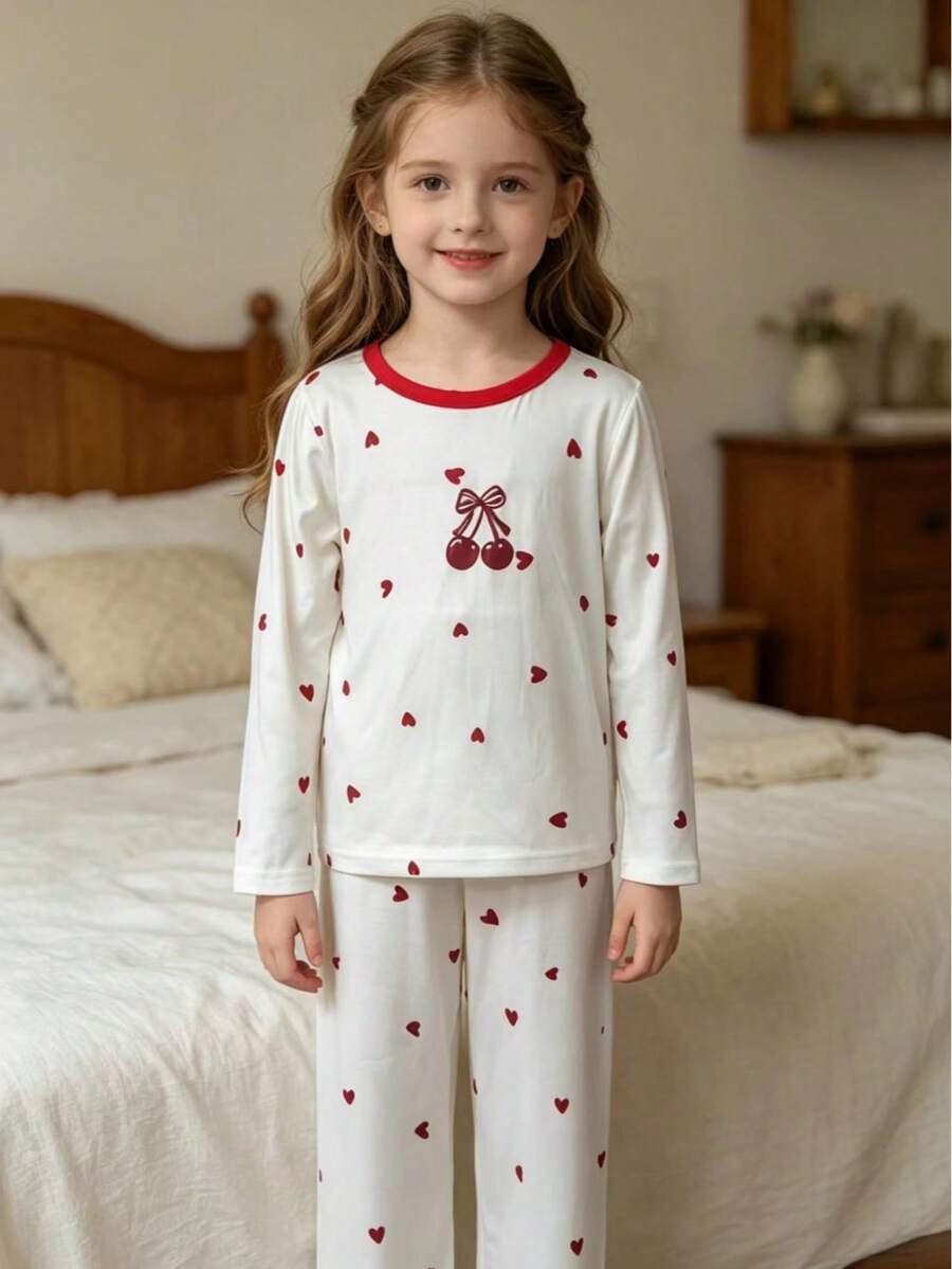 Girls Long Sleeve Crew Neck Pajama Set, Spring/Autumn Burgundy Cherry & Heart Print Contrast Red Collar Loose Straight Leg Pants, 2 Pieces Home Wear - Champagne - View 1