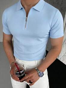 男士輕量夏季半拉鍊短袖 Polo 衫，必備夏季時尚穿搭 - 淺藍色 - 查看 3