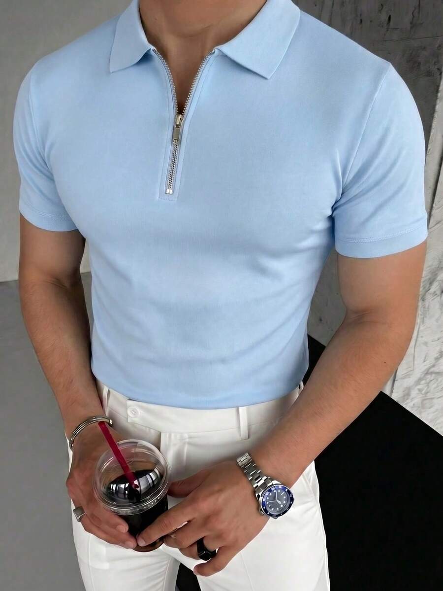 男士輕量夏季 Polo 半拉鍊短袖，必備夏季時尚