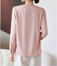 Blusa de manga larga plisada de seda con abalorio y cuello en V para mujer - Morado - Ver 3
