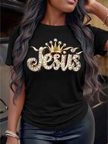 Camisa de Acción de Gracias Howell, Estampado de Letra de Jesús, Blusa Casual Versátil de Temporada - Tela Suave y Elástica Negra de Verano - Negro - Ver 1