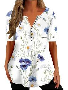 Ceboyel - Camisas Henley con estampado floral para mujer, cuello en V, sexy, casual, de manga corta, blusas elegantes para mujer - Azul #21 - Ver 10