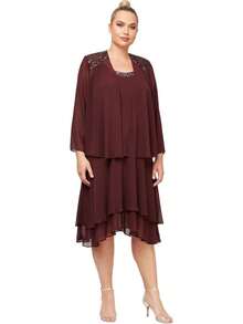 S.L. Fashions Vestido de Chaqueta escalonada Adornado de Talla Grande para Mujer - Higo - Ver 5