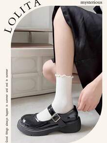 1/5/6/10/15 Pairs Pure White Striped Ruffle Mid-Calf Socks, Suitable For Home, Travel, Vacation And Autumn/Winter Seasons - White - View 6