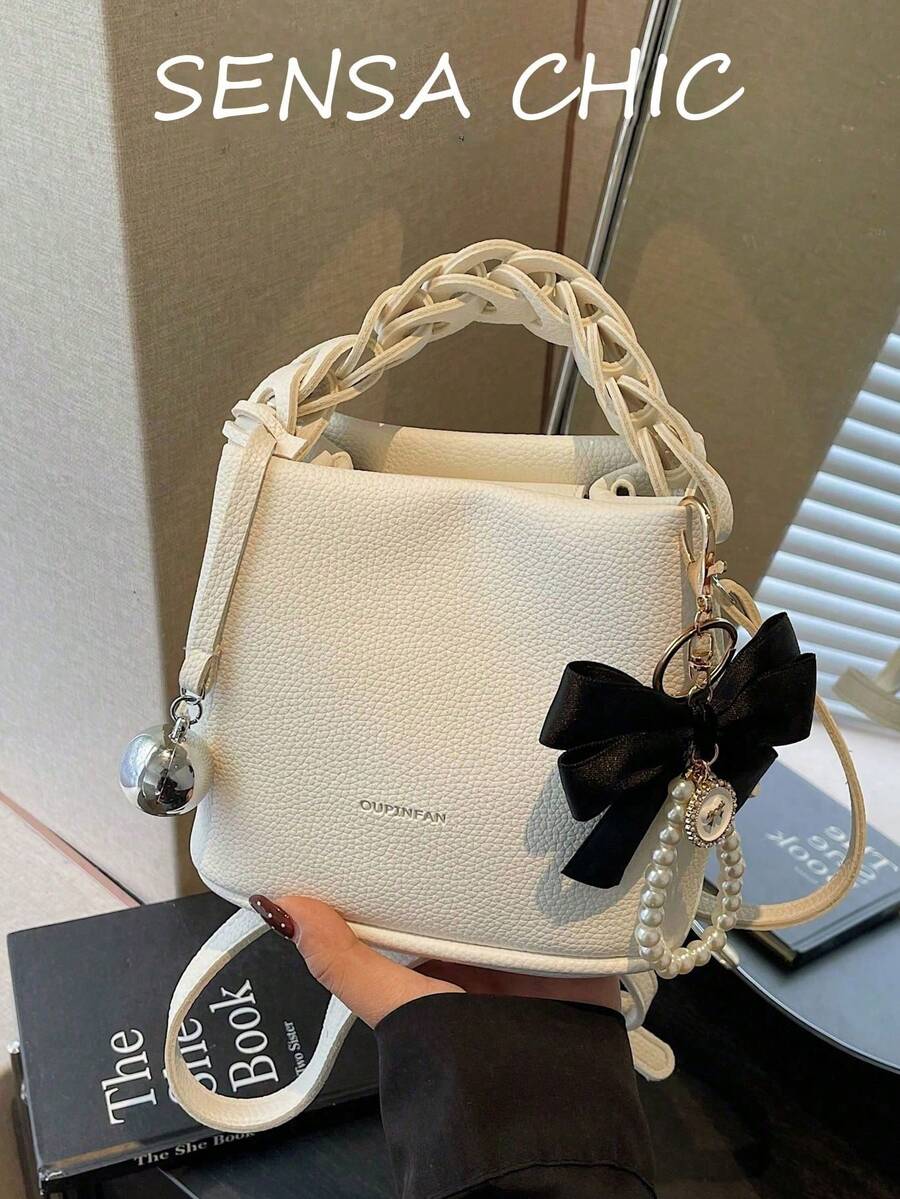 Portable Square Bag Made Of Waterproof PU Material With A Letter Pattern Design, Decorated With A Metal Pendant; A Stylish And Practical Handbag, Suitable For Business And Travel. - White - View 1