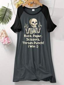 Women's Halloween Costumes Casual Nightgown With Skull And Letter Print - Comfortable Raglan Sleeves, Wearing Alone Or At Home,Fall Style - Multicolor - View 1