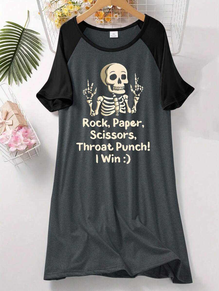 Women's Halloween Costumes Casual Nightgown With Skull And Letter Print - Comfortable Raglan Sleeves, Wearing Alone Or At Home,Fall Style - Multicolor - View 1
