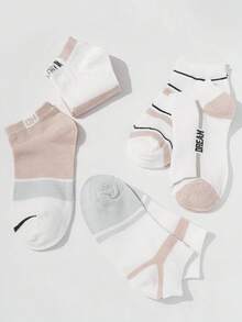 5 Pairs Women's Pink Short Socks, Premium Breathable Sweat-Absorbing Striped Design, Assorted Color Women's Boat Socks - Multicolor - View 8
