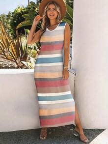 Women's Bohemian Style Striped Midi Dress, Sleeveless, Round Neck, For Beach Vacation, Fashion, Slim Fit - Pale Yellow - View 2