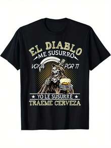 Herren Große Größen Schwarzes Gothic-Boho T-Shirt - El Diablo Me Susurro Der Teufel flüsterte Skelett Bier & Spanischer Text Grafik, 100% Baumwolle Vintage Edge - Schwarz - Übersicht 1