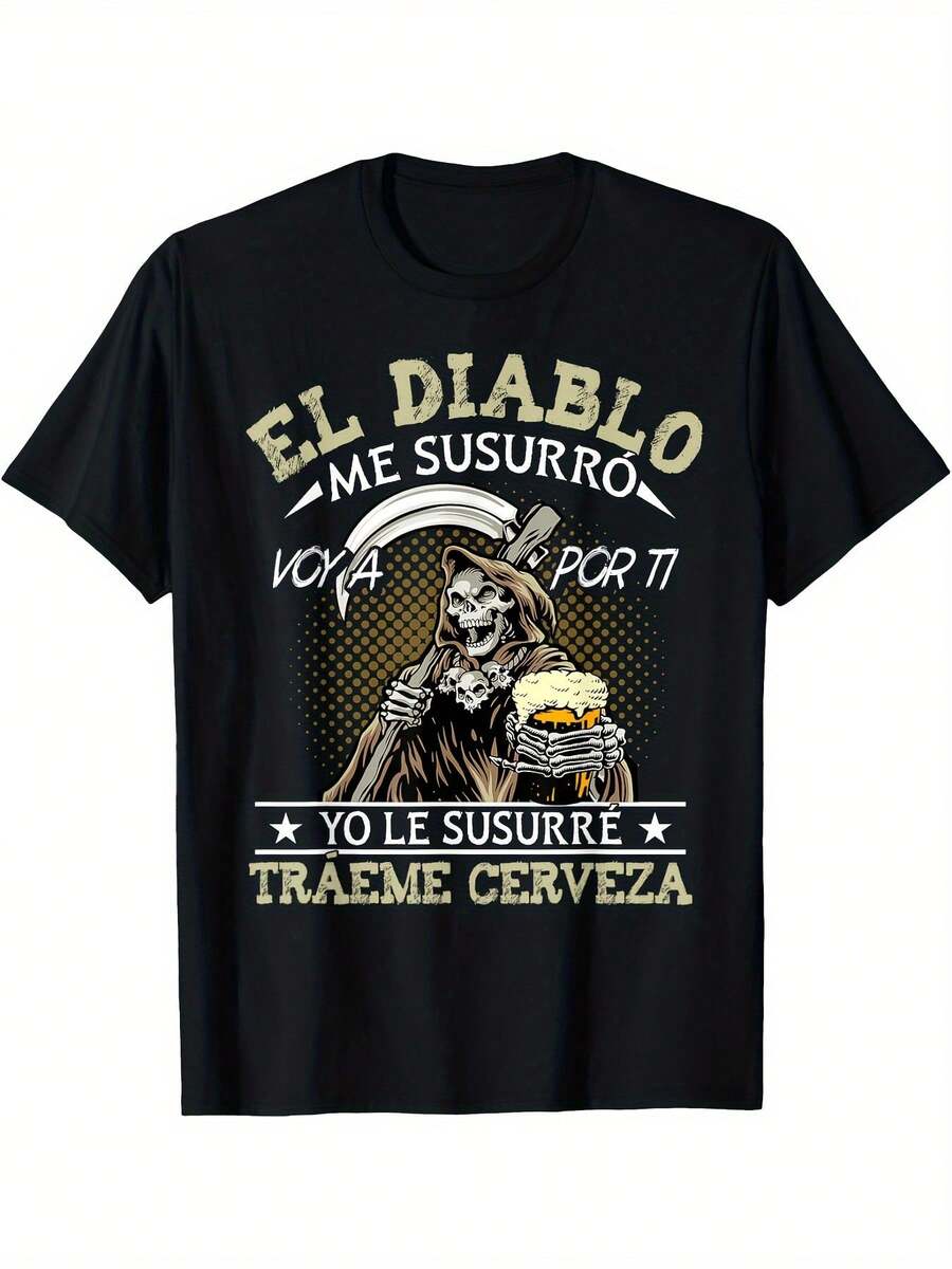 Herren Große Größen Schwarzes Gothic-Boho T-Shirt - El Diablo Me Susurro Der Teufel flüsterte Skelett Bier & Spanischer Text Grafik, 100% Baumwolle Vintage Edge - Schwarz - Übersicht 1