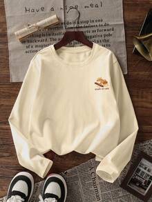 Tween Girl 1pc Printed Long Sleeve T-Shirt, Suitable For Girls' Autumn/Winter Tops, Young Student Children's Clothing, Suitable For Outerwear And Layering - Apricot - View 4