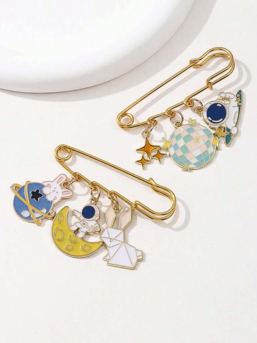1pc Dreamy Starry Sky Style Multi-Charm Large Brooch, Drip Oil Astronaut Moon Origami Rabbit Colorful Ball Planet Pendant Brooch, Cute Girl Outfit Accessory, Versatile Decoration Pin For Sweaters And Cardigans - Multicolor - View 1