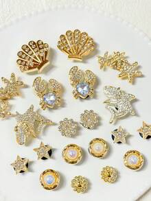 20件白色與金色海洋主題DIY鞋飾，花朵、貝殼、海星配件，可拆卸，適用於有孔鞋款，節日禮物 - 金色 - 查看 3