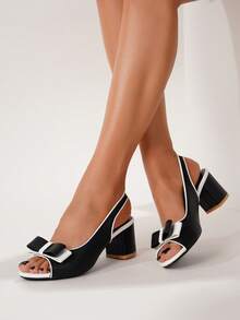 Women's Peep Toe Bowknot Backstrap Block Heel Sandals, Chunky Heels, Versatile For Elegant Dresses, Suitable For Vacation, Commuting, Shopping - Black and White - View 6