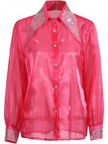 Blusa de botón transparente para mujer con strass, manga larga, sexy, moderna, camiseta de malla translúcida - Rosa Roja - Ver 8