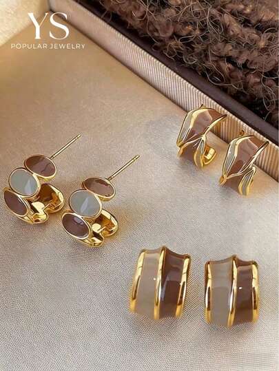 3 pares de pendientes elegantes y minimalistas de diseño geométrico de dos tonos, versátiles para uso diario y reuniones
