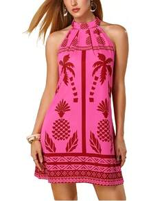 - Vestido corto sin mangas con estampado floral para mujer, cuello halter, línea A - rosado, (Geometría rosa) - Ver 26