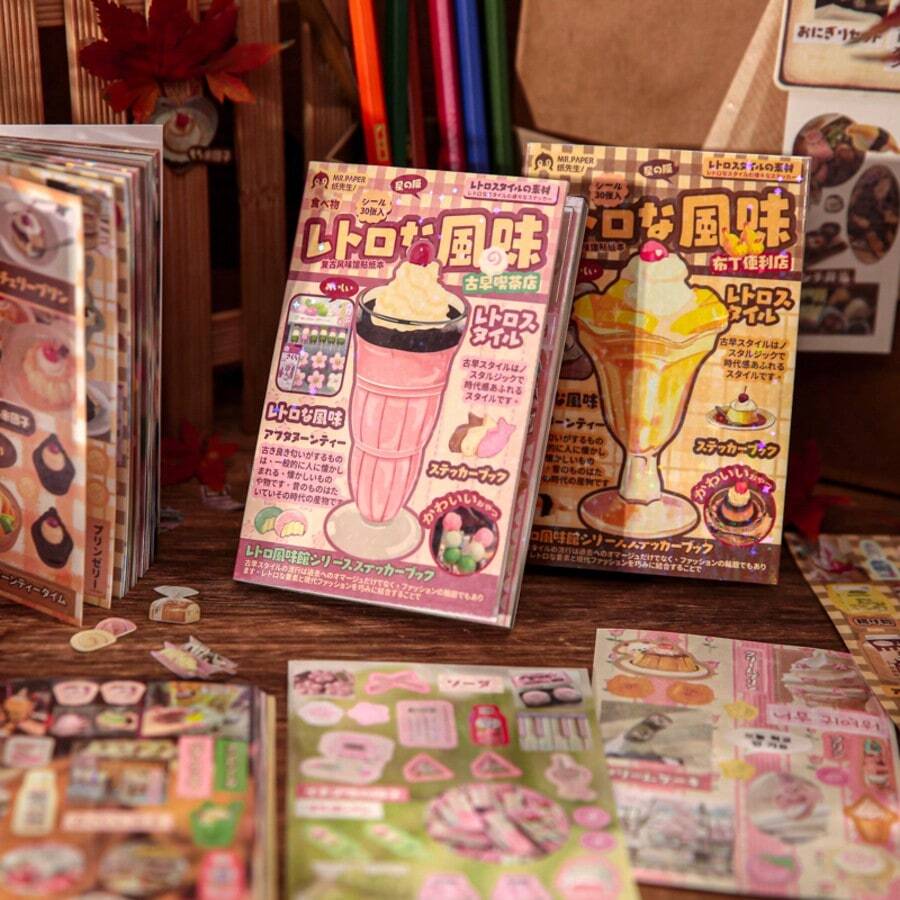 30 Sheets Sticker Book, Vintage Style Series, Japanese Retro Student Diary Material Horizontal Sticker Book - Decorate Your Items With Unique Doodle Stickers, Suitable For Water Bottles, Cars, Computers, Guitars, Bicycles, Motorcycles, Skateboards, Helmets, Luggage, Diaries And Scrapbooks - Fun DIY Creative Toy, Personalize Your Everyday Items. - Multicolor - View 1