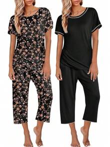 Conjunto de Pijama Capri para Mujer , Ropa de Dormir de Manga Corta, 2 Piezas, Cuello Redondo, Pijama Suave con Bolsillos - Flores marrones, negro - Ver 6