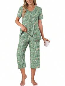 Anyally - Conjunto de pijama de verano para mujer, camisa de manga corta y pantalones capri de 2 piezas, pijama plisado con bolsillos - Malva plisada - Ver 34
