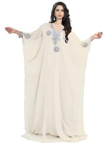 KoC - Vestido largo para mujer, estilo kaftán Farasha, Caftán, tipo kimono - Beis - Ver 18