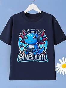 Camiseta Infantil de manga curta estampada 'salamandra' Gamer  para meninos, tecido macio e elástico, respirável e secagem rápida, ideal para esportes internos e externos, encontros casuais - cor azul-marinho - Visão 2