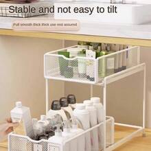 1pc Large Capacity Pull-Out Rust-Proof Coated Iron Storage Basket, Modern Pure Black Rectangular Mesh Wavy Handle 2-Tier Drawer Storage Rack, Suitable For Kitchen Cabinets, Storage Rooms, Bathroom Sink, All-Season Home Use - View 7