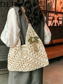 Dedoo 女款鏤空鉤編草編托特肩背包，附棕櫚樹吊飾，大容量波希米亞風休閒夏季沙灘包（隨機吊飾掛鉤） - 米色 - 查看 9