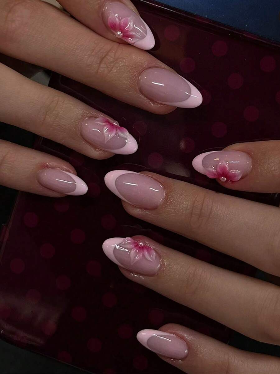 24片極簡甜美粉色法式邊緣 3D浮雕花朵與珍珠優雅風杏仁形全覆蓋穿戴甲,附果凍膠與指甲锉,適合所有女孩與女性日常配戴、約會、辦公、下午茶等場合 - 彩色 - 查看 1