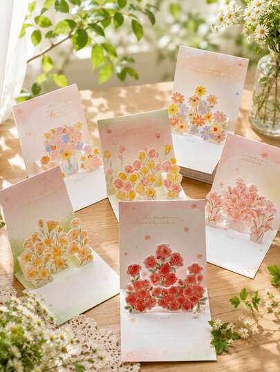 6入3D立體花束祝福卡附信封，花卉圖案設計，教師節生日感謝通用祝福卡，多款組合手工創意藝術療癒風裝飾，尺寸4.5x4.5英吋，適用所有場合，禮品卡套組