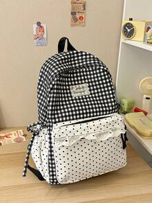 Gingham Spliced Mini Polka Dot Backpack With Lace Ruffle Trim And Side Bow, Lightweight College Student Backpack For Daily Commute & Back-To-School - Multicolor - View 13