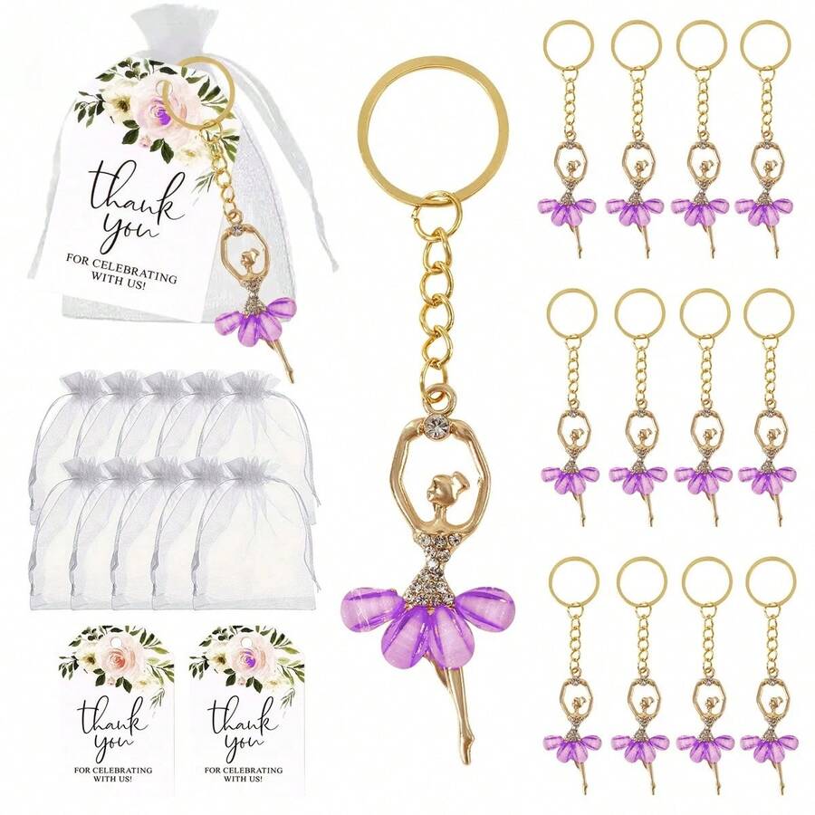 12 Chaveiros de Bailarina com Strass Transparentes, Banhados a Ouro ...