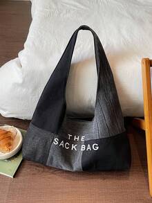 Nueva bolsa de hombro de mujer de moda casual de patchwork de mezclilla y bloques de color - Negro - Ver 1
