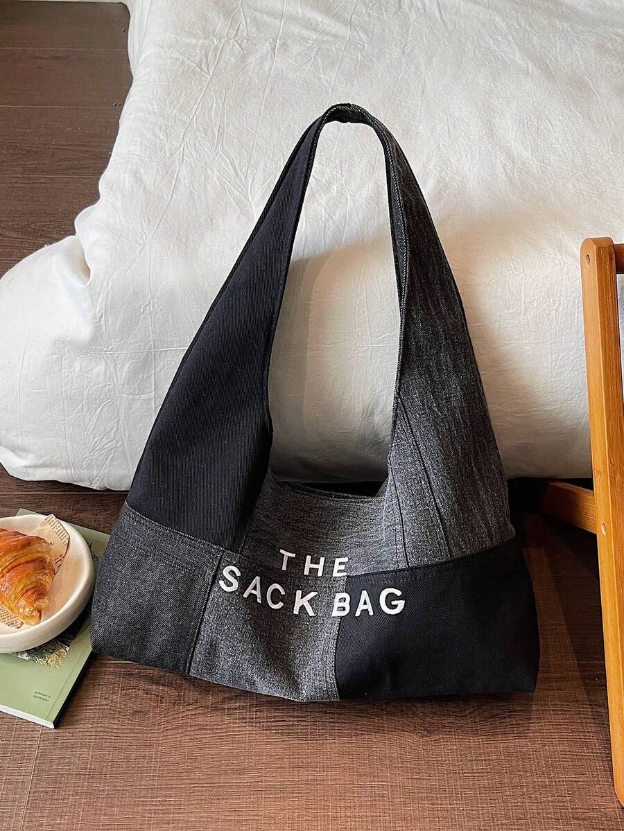 Nueva bolsa de hombro de mujer de moda casual de patchwork de mezclilla y bloques de color - Negro - Ver 1