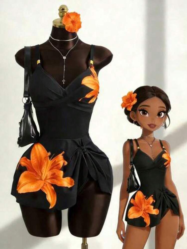 Zestiva Conjunto de 2 piezas de traje de baño con estampado floral, correas ajustables y accesorios de metal, ideal para la playa y vacaciones de pri - Multicolor - Añade 1
