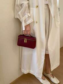 Woven Texture Fashion Box Bag 2026 Spring/Summer New Shoulder Handbag Crossbody Lunch Box Bag, PU Material - Burgundy - View 2
