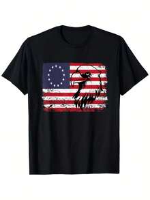 Camiseta Local13 con Estampado de la Bandera Estadounidense de Betsy Ross y Águila Calvo, Estilo Vintage, para el Día de la Independencia, Moderna y Casual, de Manga Corta y Cuello Redondo, - Negro - Ver 1