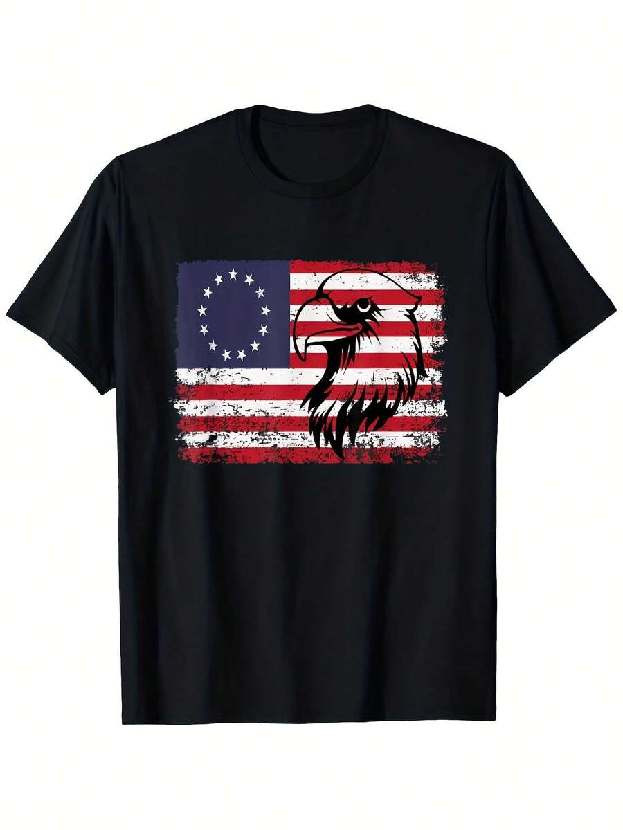 Camiseta Local13 con Estampado de la Bandera Estadounidense de Betsy Ross y Águila Calvo, Estilo Vintage, para el Día de la Independencia, Moderna y Casual, de Manga Corta y Cuello Redondo, - Negro - Ver 1