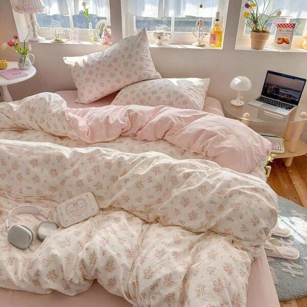 3pc 100% Polyester Fresh Style Girl Pink Floral Duvet Cover Set 2 Pillowcases + 1 Duvet Cover Set Combination (No Bed Sheet)