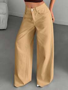 Vintage High-Waist Wide-Leg Denim Jeans, Full-Length White Cotton Trousers. Suitable For Spring/Summer Daily, Office And Date Wear Casual - Khaki - View 4