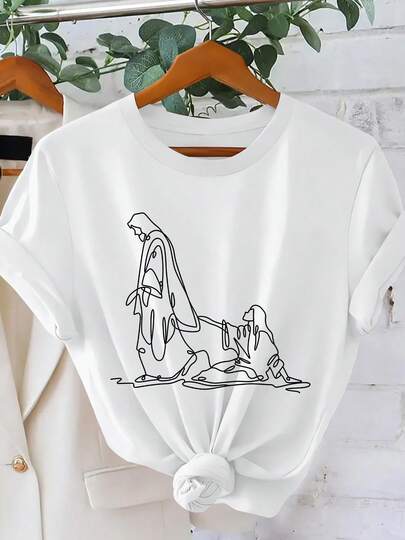 T-shirt religieux pour femme avec Jésus et la Vierge Marie - Style rétro minimaliste, idéal pour les personnes religieuses, manches courtes, col rond, coupe ample, vêtement iconographique