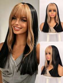 20 Inch Dual-Tone Black & Gold Straight Wig With Bangs, Synthetic Fiber Black & Gold Wavy Bangs Wig, Suitable For Women's Daily Wear, Party, Cosplay, Halloween - Multicolor - View 11