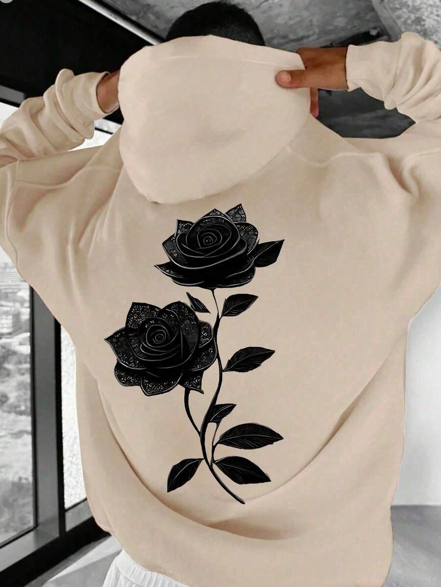 Men's Autumn/Winter Casual Versatile Fashion Rose Print Kangaroo Pocket Drawstring Hooded Sweatshirt - Apricot - View 1