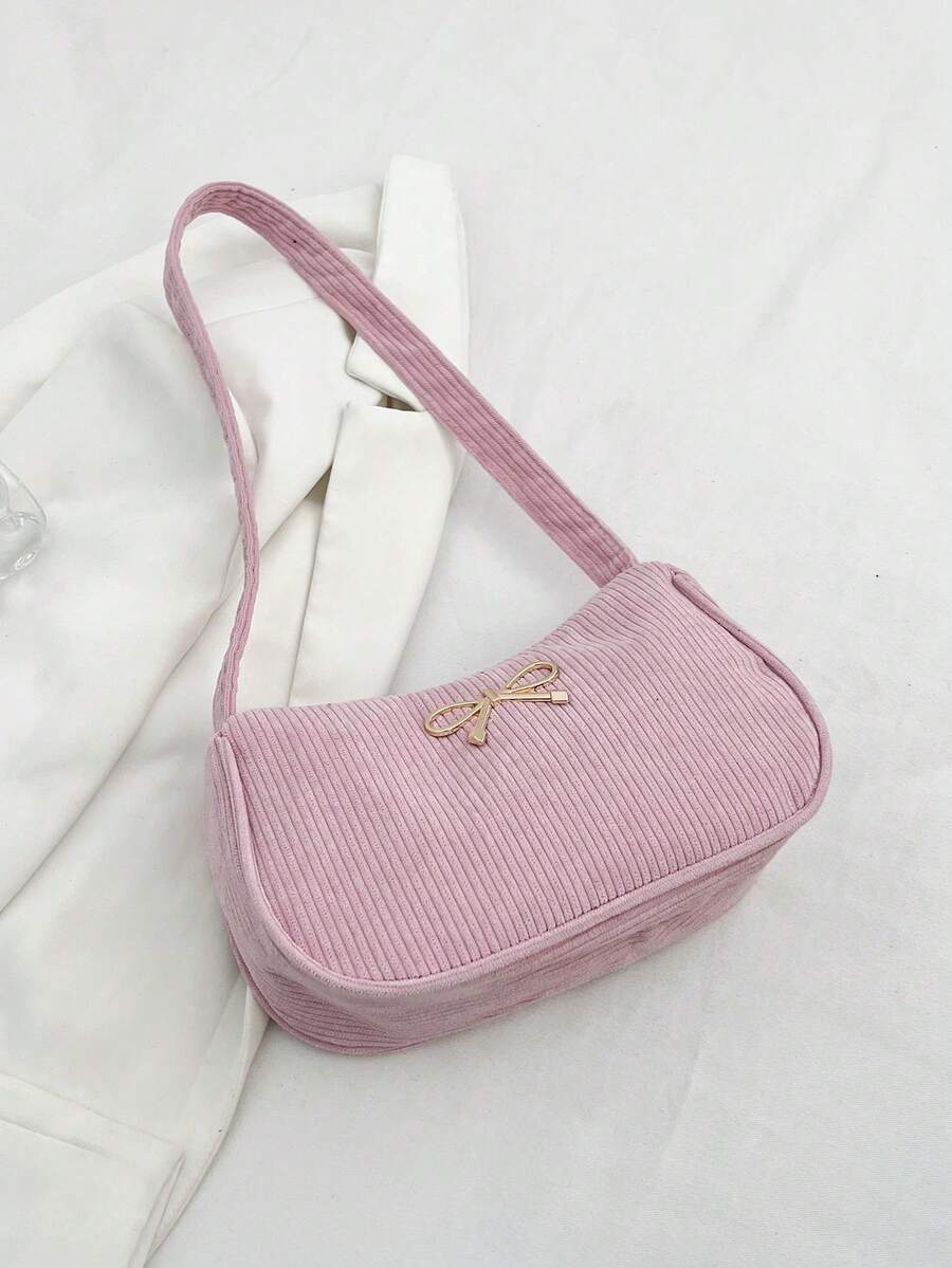 Minimalist Light Gray Corduroy Hobo Underarm Bag, Single Handle Handbag For Women, Soft Accessory For Casual And Office Look - 棕色 - 查看 1