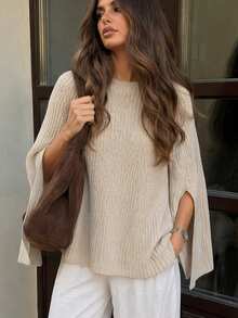 Plus Size Women's Fashion Vacation Knit Top With Slit Cuffs And Round Neck, Versatile - Beige - View 3