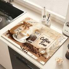 1pc 2D Coffee Theme Kitchen Countertop Mat, Diatomaceous Earth Material, Highly Absorbent, Suitable For Tableware, Coffee Machine, Microwave, Etc. Fashionable Watercolor Design, Ideal Choice For Modern Kitchen. - Multicolor - View 2