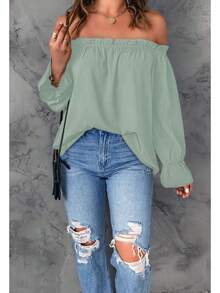 Spriolim - Blusa de gasa de manga larga con volantes y hombros descubiertos para mujer - 32 Azul Floral - Ver 3